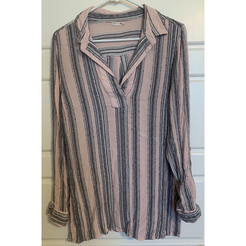 Tea Rose Shirt Striped Women's Rolled Sleeve Pink Gray India Tunic Soft SZ L